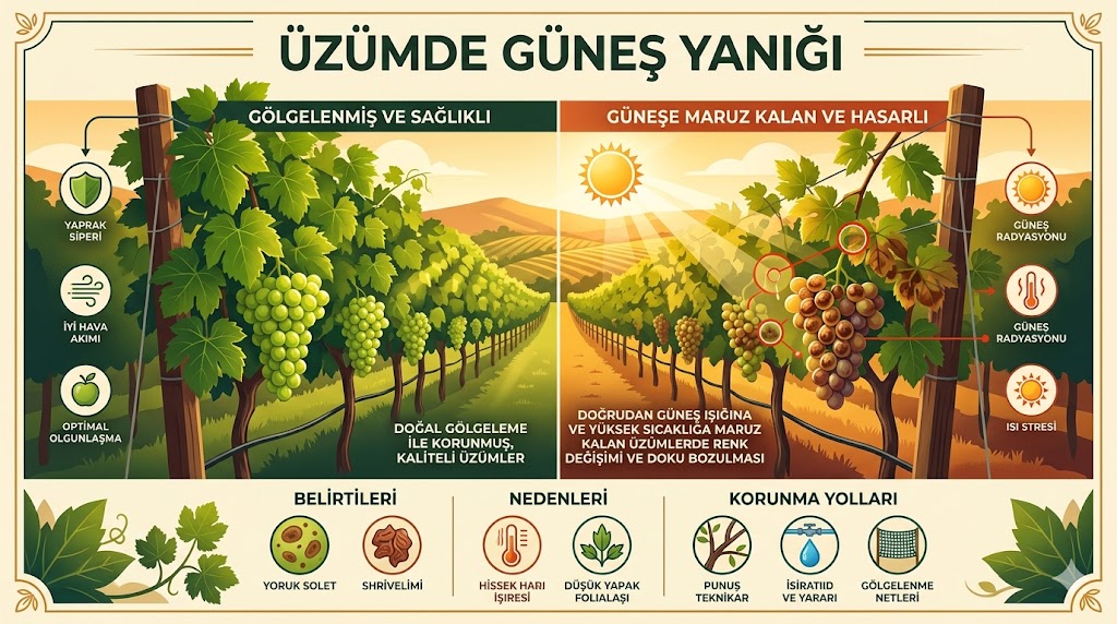 Üzüm Salkımlarında Güneş Yanıklığı: Rekoltenizi Yaz Sıcağından Korumak İçin Bilimsel Stratejiler