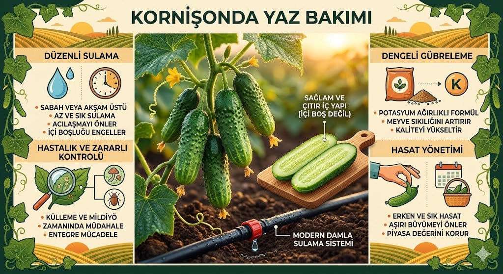 Turşuluk Salatalıkta (Kornişon) Yaz Bakımı: İçi Kof Meyveleri ve Verim Kaybını Önlemenin Bilimsel Yolları